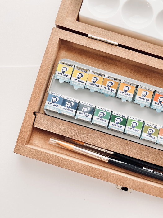 Van Gogh Set d'aquarelles en boîte en bois, 24 couleurs en demi-pastilles et 3 accessoires